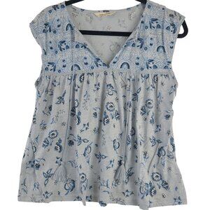 NWOT Lucky Brand Blue Floral Sleeveless Top With Lace Yoke & Tassels Size Small